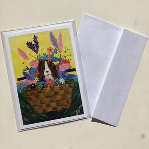 Carte de voeux chien et fleur, impression d'art acrylique, carte colorée Daydream, carte encadrante 5 x 7 pouces, carte pour toutes les occasions