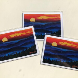 Carte de voeux coucher de soleil brumeux, impression d'art acrylique, carte montagne coucher de soleil paysage vibrant, carte à encadrer 5 X 7 pouces, carte pour toutes les occasions