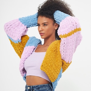 Mustard, Blue, Pink Color Knit Cardigan | Handmade Knit Puffy Cardigan, Perfect Gift