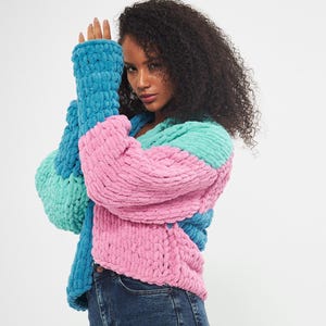 Blue, Pink and Green Color Knit Cardigan | Handmade Knit Puffy Cardigan, Perfect Gift For Her
