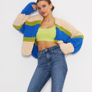 Blue, Honey Color Knit Cardigan | Handmade Knit Puffy Cardigan, Perfect Gift For Women
