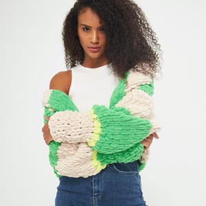 Mint and White Color Knit Cardigan | Handmade Knit Puffy Cardigan, Perfect Gift for her