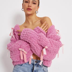 Baby Pink Color Knit Cardigan | Handmade Knit Puffy Cardigan, Perfect Gift For Her