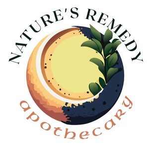 May include: A logo for Nature's Remedy apothecary. The design features a crescent moon in shades of yellow, orange, and blue, with green leaves. The words "Nature's Remedy" arc above the moon, and "apothecary" arcs below, all in a serif font.