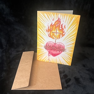 5 x 7 pouces « Sacred Heart Sunburst » Carte de voeux à deux volets - Idéale pour les sacrements catholiques, la première communion, le baptême, la confirmation, l'ordination !