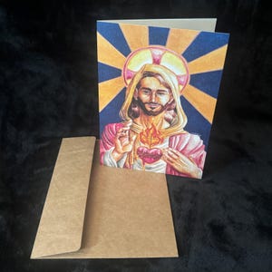 13 x 18,5 cm große, zweifach gefaltete Grußkarte „Sacred Heart of Jesus“ - Ideal für katholische Sakramente, Erstkommunion, Taufe, Konfirmation, Firmung!