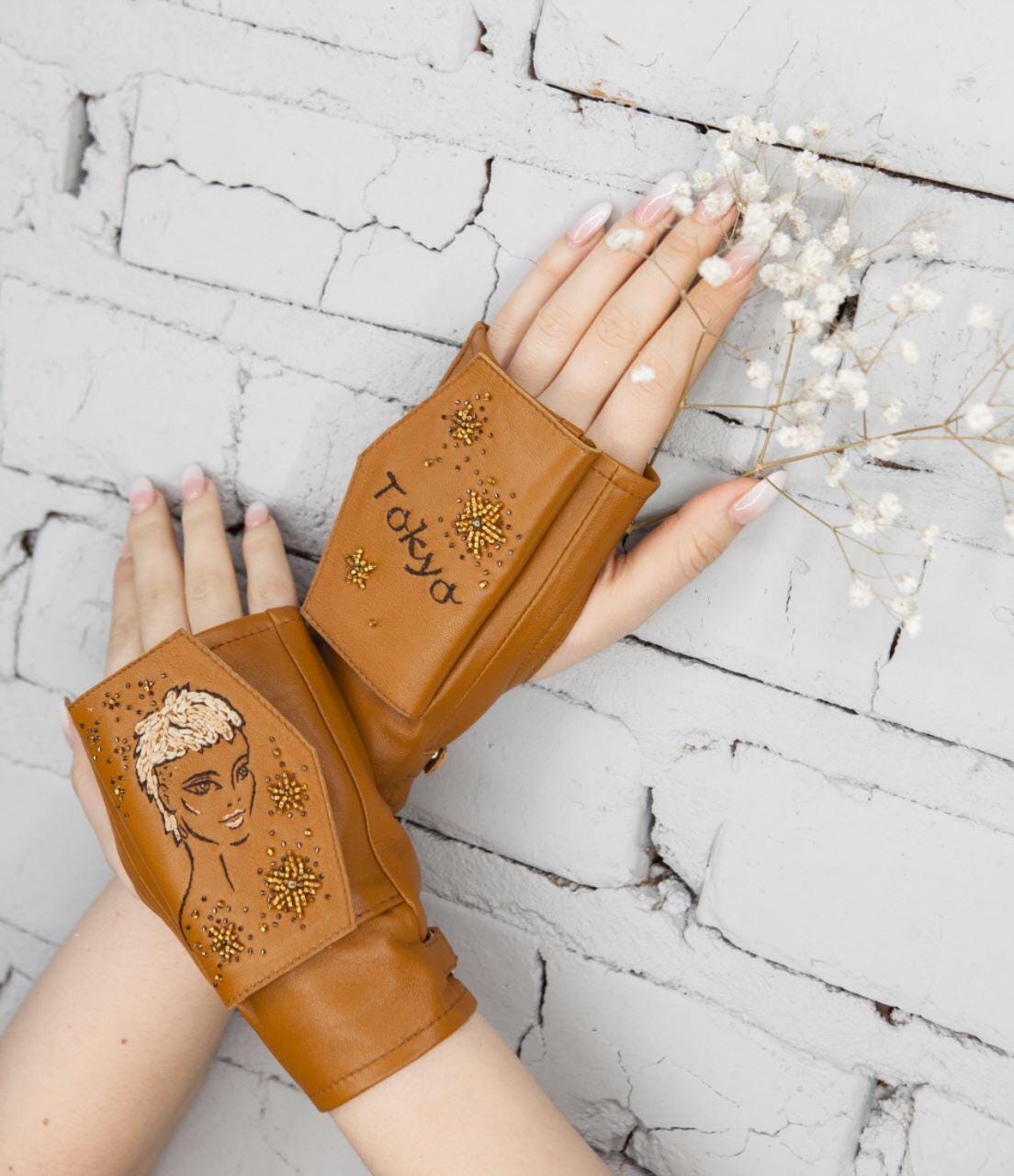 Embroidered Fingerless Leather Gloves With Pocket: Tokyo Style - Etsy