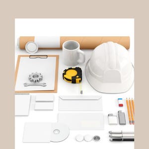Peut inclure: Un fond blanc avec une variété de fournitures de bureau, y compris un presse-papiers, un rouleau de papier, une tasse, un casque de chantier, un mètre ruban, un bloc-notes, un stylo, un briquet et un CD. Le texte "MARKETING DIGITAL POUR LE BTP: GUIDE COMPLET POUR DÉBUTANTS ET EXPERTS" est en haut de l'image. Le texte "12 PAGES SDM MARKETING DIGITAL" est en bas de l'image.