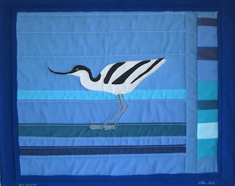 Avocet (Kluut) -- blue art quilt with bird