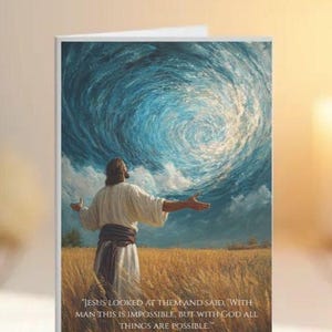 Cartão de encorajamento cristão – Confiança em Jesus, Mateus 19:26, Fé sobre o medo, presente inspirador das escrituras
