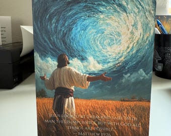 Kristet uppmuntrande kort – Tillit till Jesus, Matteus 19:26, Tro över rädsla, inspirerande gåva från Skriften