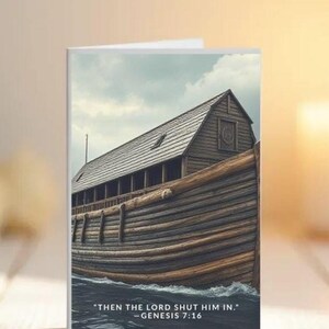 Christelijke wenskaart – "The Lord Shut Him In" – Schriftkaart over de ark van Noach – Aanmoedigingskaart – Genesis 7:16 – Geloof in onzekerheid