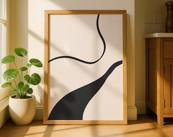 Minimalist Black Line Art Print, Japandi Beige Curve Poster (Digital Download)