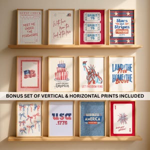 Pode incluir: Uma coleção de doze quadros decorativos com temas patrióticos americanos em vermelho, branco e azul. Os designs incluem um cheque de convidado, bilhetes vintage, a Estátua da Liberdade, um bolo de aniversário, fogos de artifício e laços.