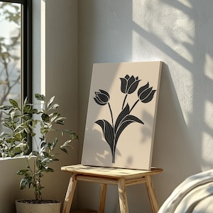 Black & Beige Tulip Print: Mid-Century Modern Botanical Wall Art (Digital Download)