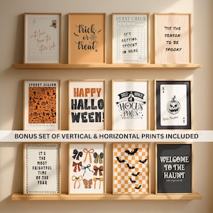 Puede incluir: Una colecci&oacute;n de doce l&aacute;minas de arte mural rectangulares expuestas en tres estantes de madera, con gr&aacute;ficos, tipograf&iacute;a y patrones de Halloween en naranja, negro y blanco. El texto incluye Trick or Treat, Hocus Pocus y Welcome to the Haunt.