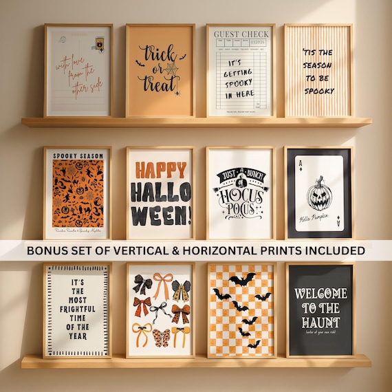 Halloween Printable Wall Art Set, Vintage Halloween Decor, 20 Halloween Prints, Boho Halloween Art, Pumpkin Ghost Wall Decor