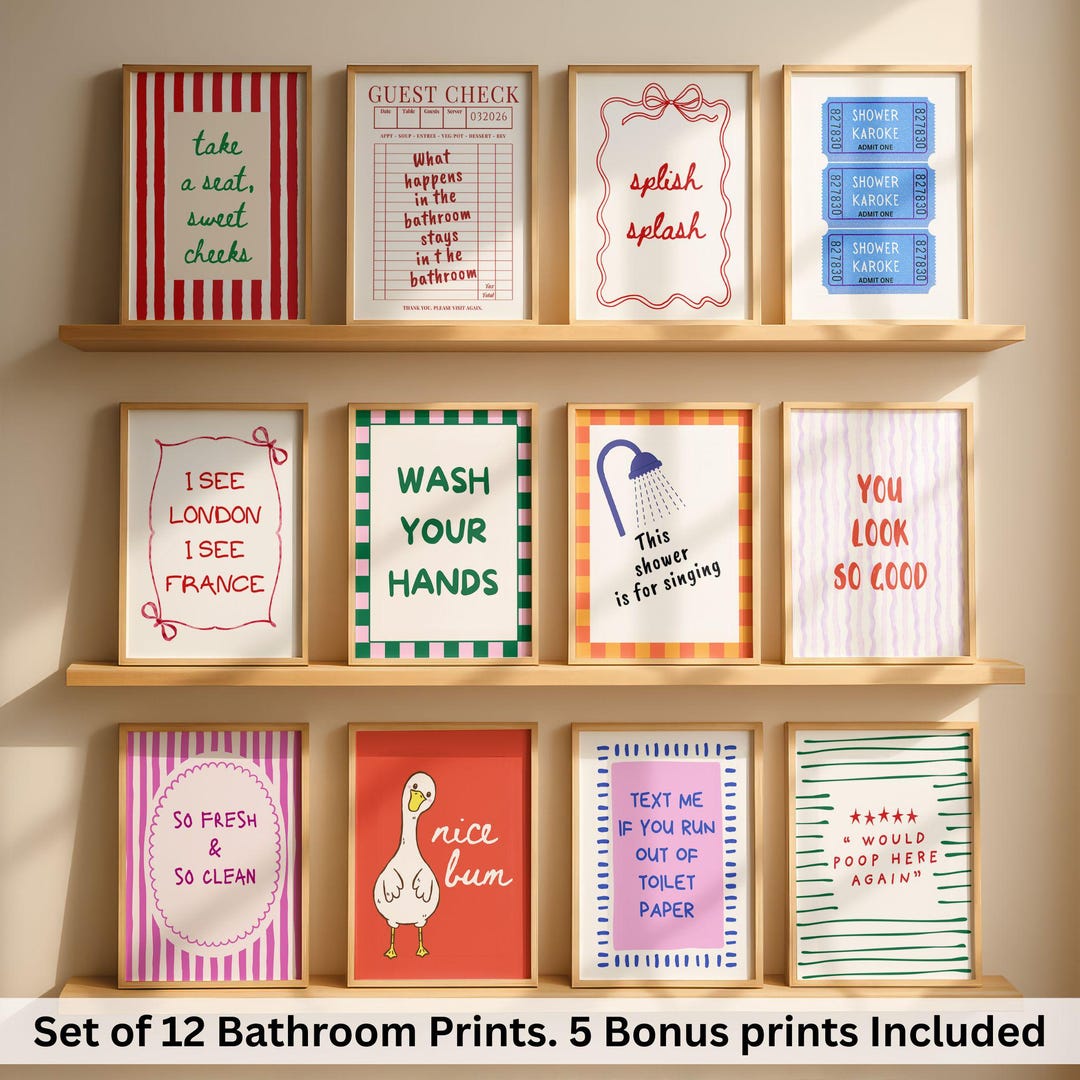 Funny Bathroom Prints Set of 12, Eclectic Bathroom Gallery Wall Set ...