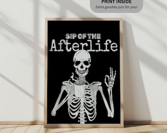 Whimsical Gothic Skeleton Coffee Print: Spooky Kitchen Wall Art (Digital Download)