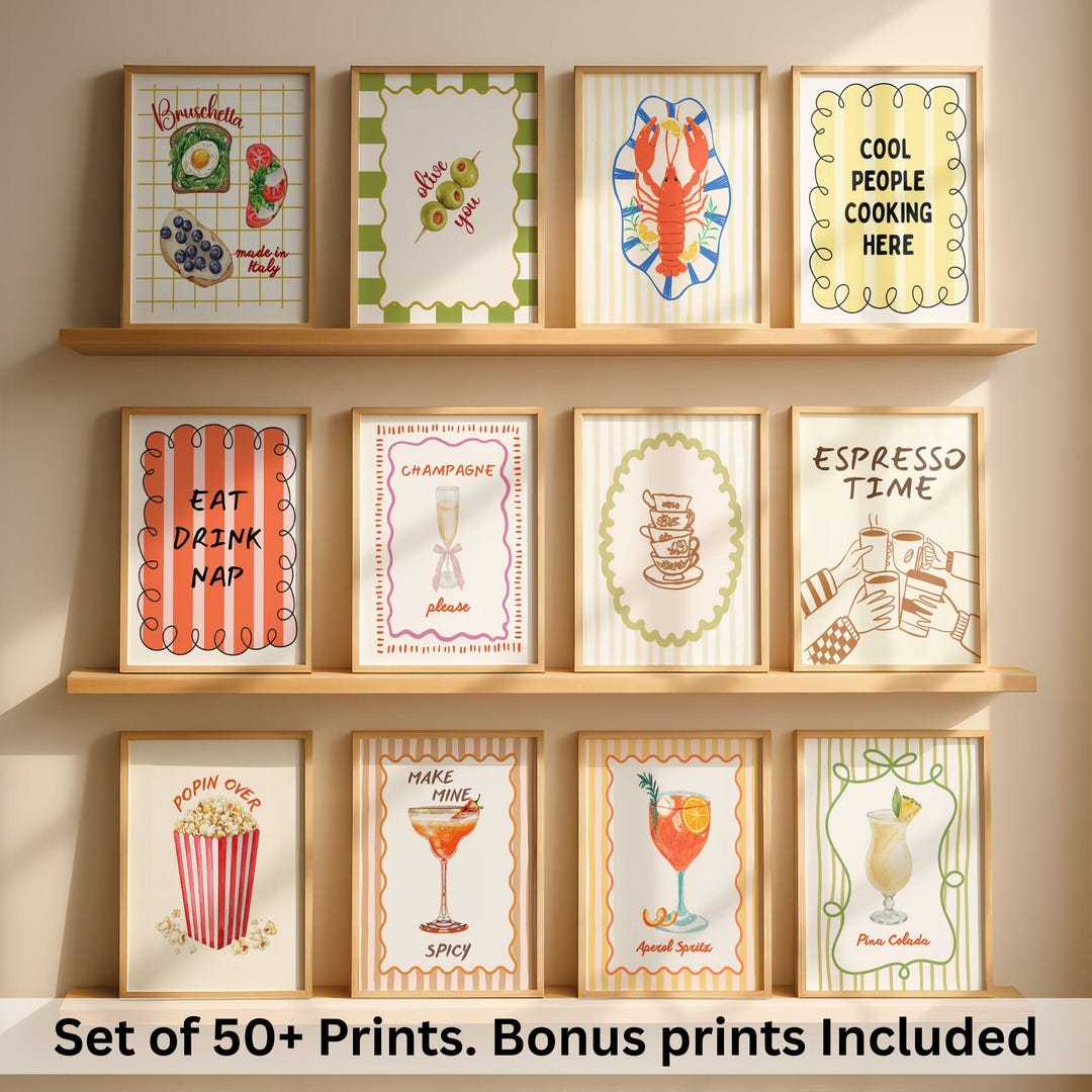 Kitchen Wall Art Bundle, 50 Retro Food Prints, Dining Room Artwork ...