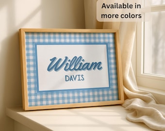 Custom Gingham Name Sign, Personalized Nursery Wall Art, Kids Room Printable Decor, Farmhouse Kids Room Art Baby Name, Digital Download