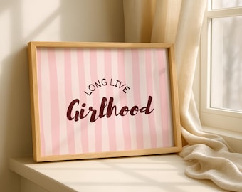 Long Live Girlhood-print, roze golvende streep kinderkamerdecoratie (digitale download)