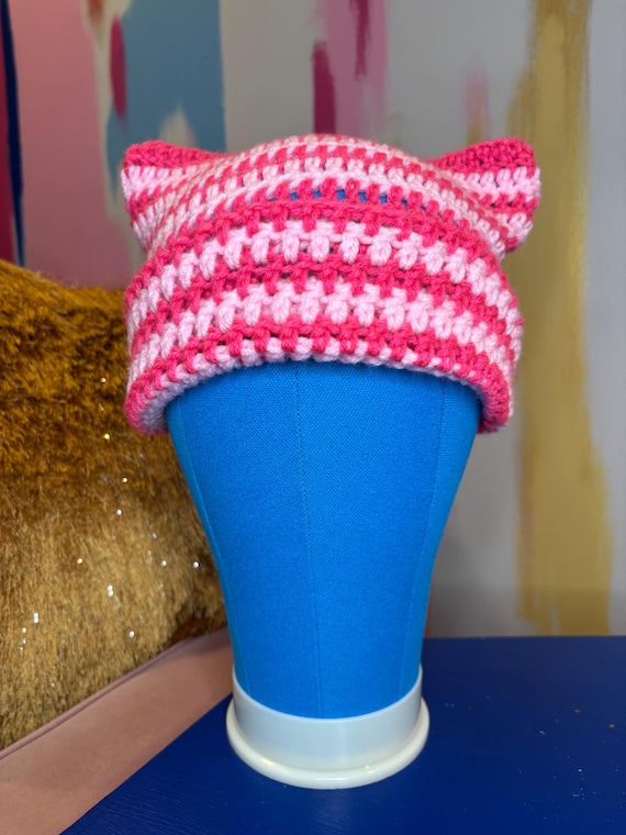 Handmade Pink Striped Crochet Cat Ear Beanie Pink & White Crochet Cat Ear Beanie: Handmade Acrylic Kitty  main image 3