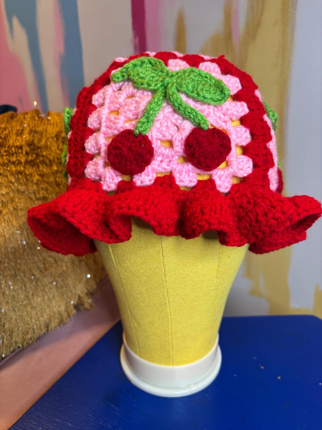 Cherry Crochet Bucket Hat. Red and Pink Granny Square Hat  display picture 3