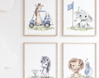 Watercolor Golf Safari Animals Nursery Print Set (Digital Download)