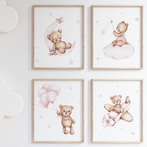 Light Pink Brown Teddy Bear Print, Girls Teddy Bear Decor, Teddy Bear Moon, Light Pink Nursery Decor, Baby Girls Room Decor, Girls Nursery