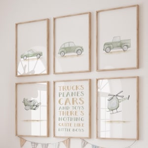 Watercolor Vintage Car & Airplane Print Set: Sage Green Nursery Decor (Digital Download)