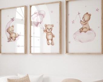 Teddy Bear Watercolor Print Set: Pink Nursery Decor (Digital Download)