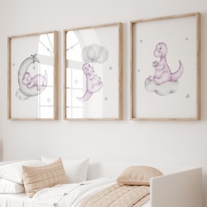 Láminas de dinosaurios en acuarela: Decoración para habitación de niñas en tonos morado y gris (descarga digital)