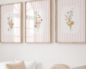 Pink Striped Pink Yellow Wildflower Floral Printable Vintage Botanical Wall Art Set
