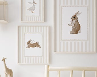 Woodland Nursery Prints: Bunny & Duck Beige Wall Art (Digital Download)