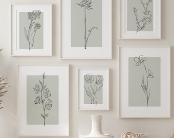 Sage Green Botanical Line Art Print Set (Digital Download)