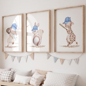 Watercolor Baseball Animals Print Set: Blue Beige Nursery Decor (Digital Download)