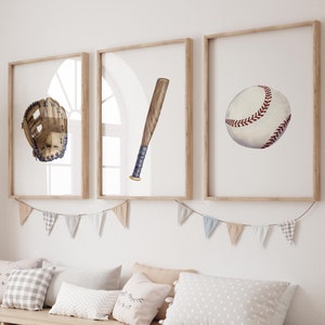 Watercolor Baseball Nursery Print Set: Glove, Bat, Ball (Digital Download)