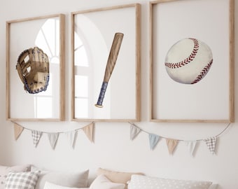 Watercolor Baseball Nursery Print Set: Glove, Bat, Ball (Digital Download)