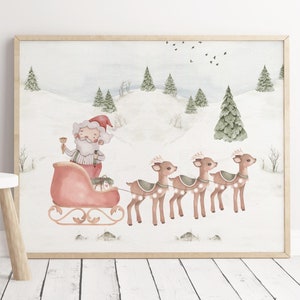 Impressão de Papai Noel em aquarela com trenó e renas, paisagem de inverno, impressão de Natal para berçário, impressão de inverno para berçário, decoração de berçário com Papai Noel