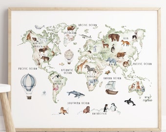 May include: A watercolor world map with illustrations of animals and a hot air balloon. The map includes the names of continents and oceans, such as North America, Asia, Pacific Ocean, and Atlantic Ocean.