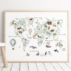 Weltkarte mit Tieren, Weltkarte mit Tieren, Neutrales Kinderzimmer Poster, Neutrales Kinderzimmer Dekor, Boho Dekor, Gender Neutrales Dekor