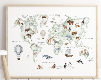 Watercolor World Map Animal Print: Neutral Nursery Decor (Digital Download)