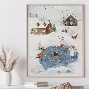 Watercolor Winter Ice Skating Print: Christmas Landscape Decor (Digital Download)