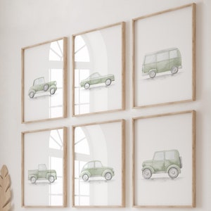 Impresión de coche clásico verde salvia en acuarela, póster de transporte, decoración infantil verde salvia, decoración de coche verde salvia, decoración de habitación infantil, decoración de habitación de niño