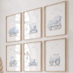 Impresión de vehículo de construcción azul claro, póster de transporte, decoración de guardería azul, decoración de vehículo azul claro, decoración de habitación infantil, decoración de habitación de niño