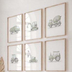 Impresión de vehículo de construcción verde salvia, póster de transporte, decoración infantil verde salvia, decoración de vehículos verde salvia, decoración de habitación infantil, decoración de habitación de niño