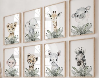 May include: Set of eight watercolor animal prints featuring a monkey, cheetah, rhino, zebra, lion, giraffe, elephant, and hippopotamus. Each animal is surrounded by green foliage.