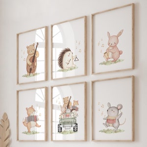 Impresión de animales del bosque con música, decoración infantil de género neutro, decoración infantil musical, impresión infantil musical, decoración de pared infantil, póster infantil musical