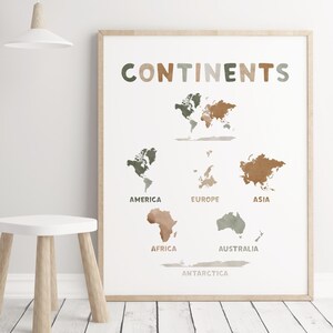 Estampa de continentes, estampa educacional, imprimível para escola em casa, estampa infantil de mapa-múndi boho, decoração bege neutra para berçário, continentes boho Montessori